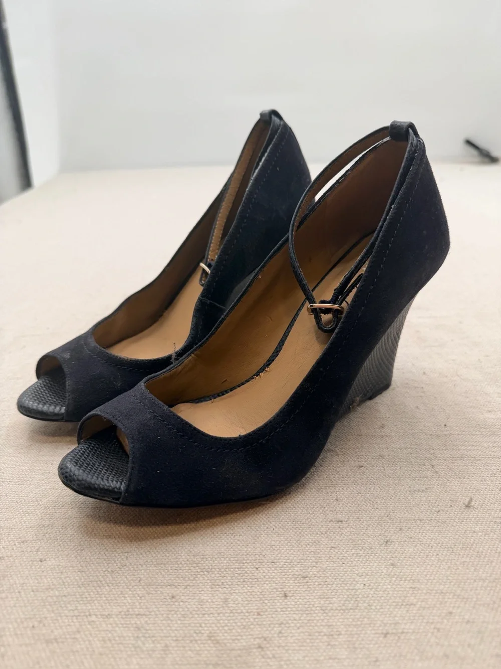 Blue Peep-Toe Wedge Heels with Ankle Strap